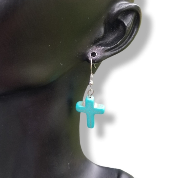 VINTAGE TURQUOISE STONE CROSS EARRINGS & MATCHING RING SET - Picture 2 of 6